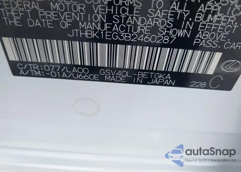 2011 Lexus Es 350 z USA, uszkodzony, nr VIN JTHBK1EG3B2460287